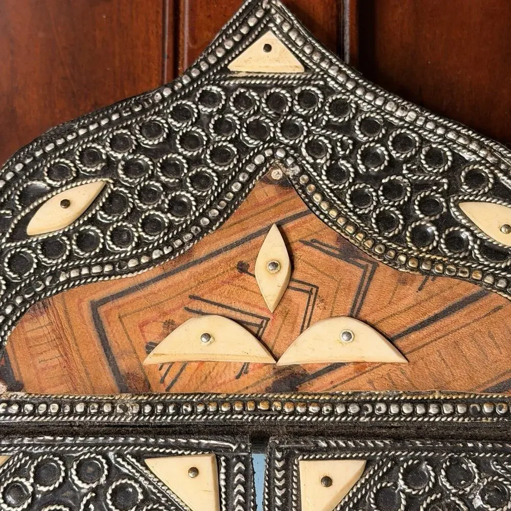 Vintage Moroccan Wall Mirror With Camel Bone Inlay, Leather, And Metalwork